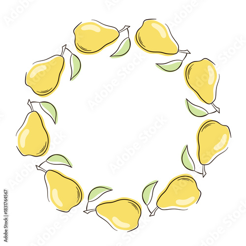 Yellow pear fruit wreath in flat style isolated on white background.