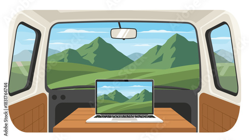 Work remotely and experience freedom with a laptop in a camper van overlooking lush mountains and bright blue skies on a travel adventure