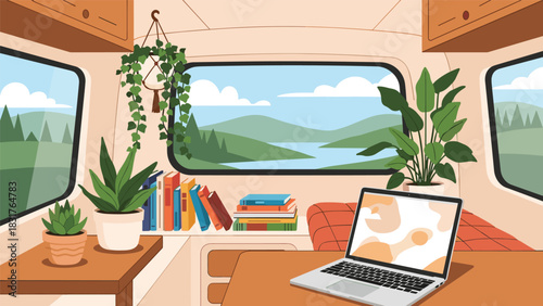 Cozy RV interior with laptop and scenic view, perfect for remote work and digital nomad lifestyle adventures on the open road escape