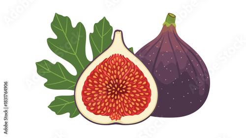 Vibrant fig still life with juicy halved fruit and lush green leaves for healthy lifestyle and delicious recipe concepts