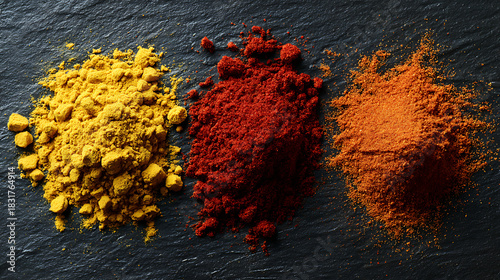 Three distinct piles of colorful ground spices including turmeric and chili powder arranged on a textured black slate background for culinary themes.