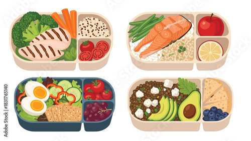 Delicious and colorful meal prep containers filled with healthy foods for balanced eating, perfect for lunch or dinner on the go