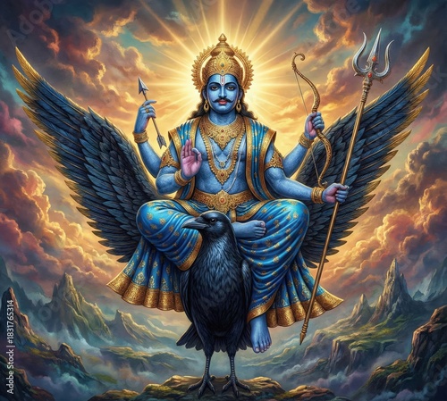 Blue deity with multiple arms rides black crow with large wings hinduism shani