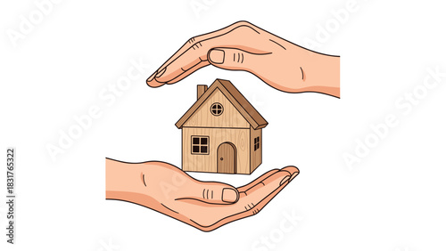 Protecting home with care and compassion represented by hands cupping a cute house, ideal for real estate or insurance campaigns