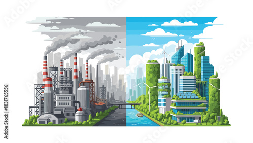 Contrast between industrial city pollution and green eco city with renewable energy showing environment protection and sustainability solutions