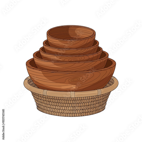A Neat Stack of Wooden Bowls Resting Comfortably in a Woven Basket