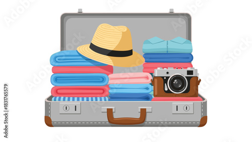 Exciting vacation awaits with packed suitcase, vintage camera, stylish hat and colorful clothes ready for sun-soaked adventures abroad