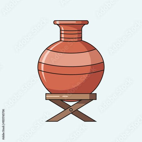 Earthenware Jar Illustration on Wooden Stand with stripes pattern design