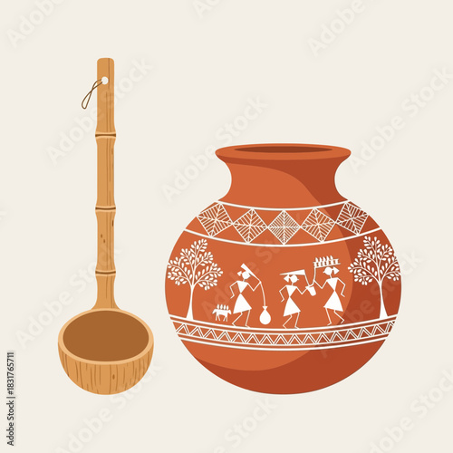 Earthenware Pot and Bamboo Ladle Displaying Traditional Warli Painting Motifs