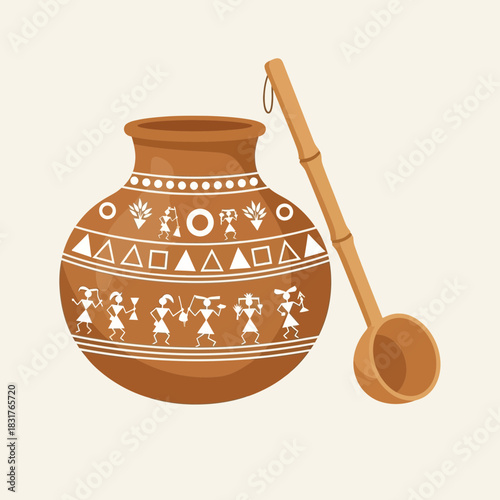 Earthenware pot and bamboo spoon conveying cultural artistry and tradition