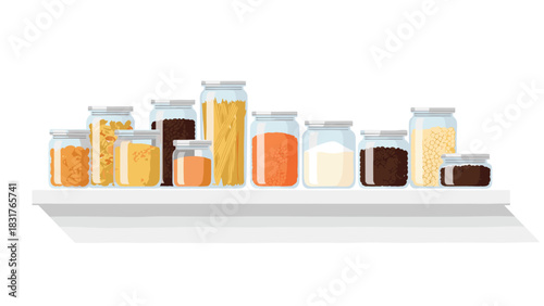 Organized pantry shelf with vibrant jars of pasta, beans, lentils, and grains for a modern, minimalist kitchen aesthetic