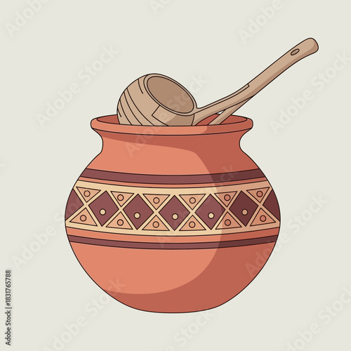 Handcrafted earthenware with ethnic motifs and rustic wooden spoon set