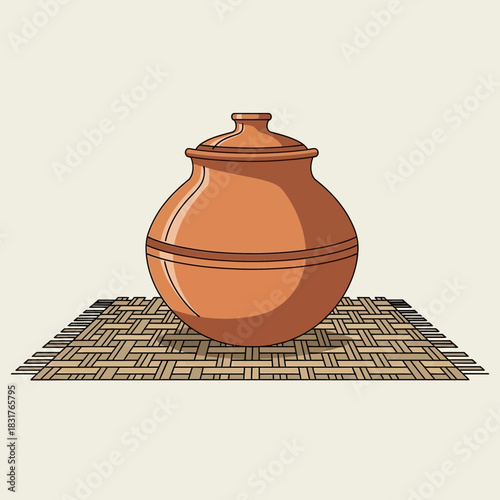 Handcrafted Clay Cooking Pot with Lid Resting on Woven Mat Artwork