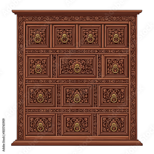 Ornate Wooden Cabinet Facade with Intricate Carvings and Brass Hardware