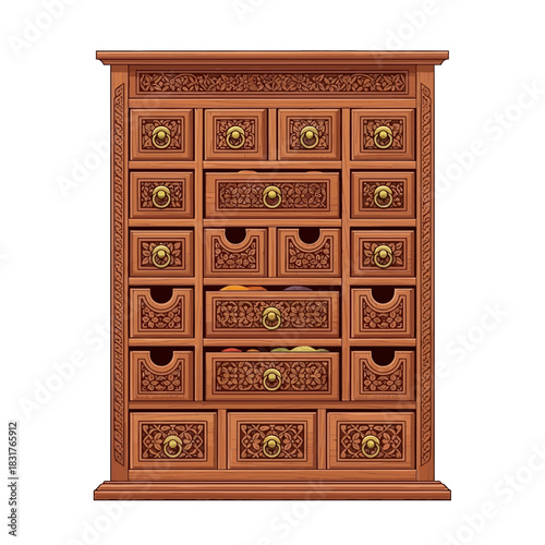 Ornate Wooden Chest of Drawers with Floral Carvings in Rich Tones