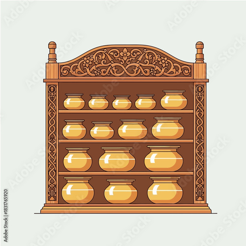 Ornate wooden shelving unit displaying golden vessels with intricate carvings