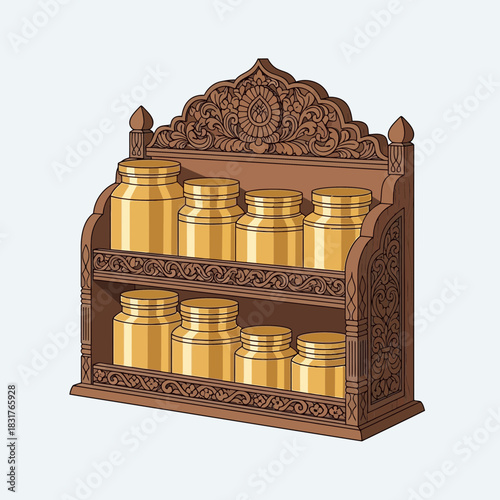 Ornate wooden spice rack filled with golden jars, showcasing intricate carvings