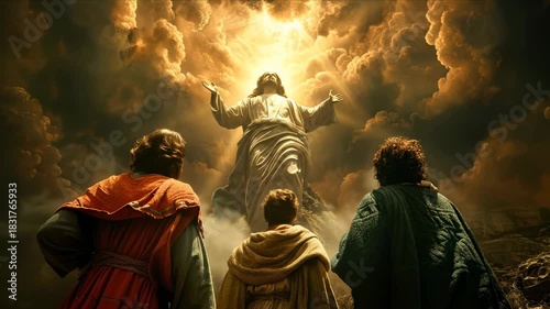 Religious figures observe a radiant Jesus during the transfiguration. This video depicts the pivotal biblical event, showcasing a divine presence amid bright clouds