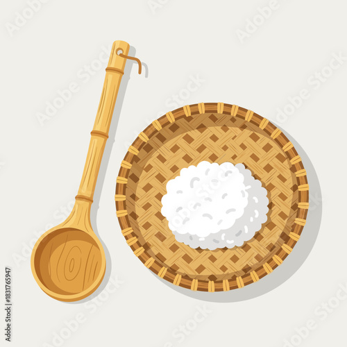 Rice presentation in traditional wooden tray with serving spoon design