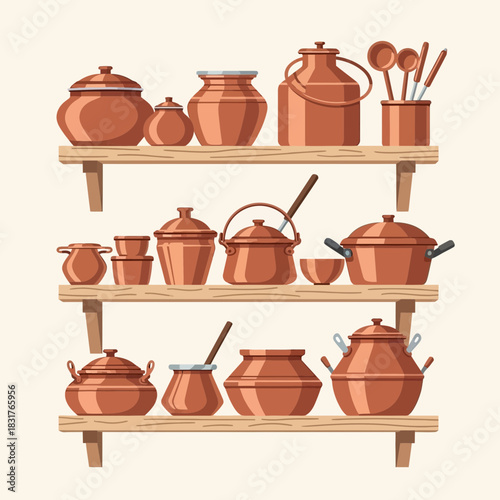 Rustic Copper Kitchenware Displayed on Wooden Shelves, Vintage Charm
