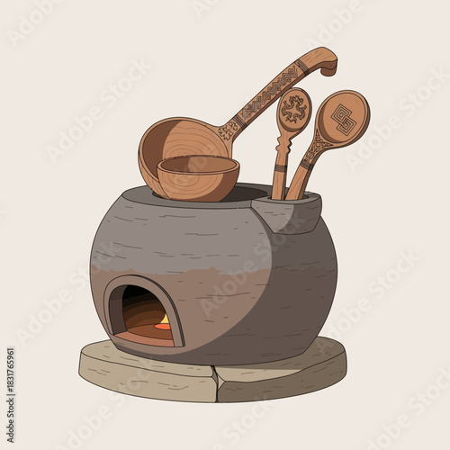 Rustic cooking with artisanal utensils in a traditional hearth illustration