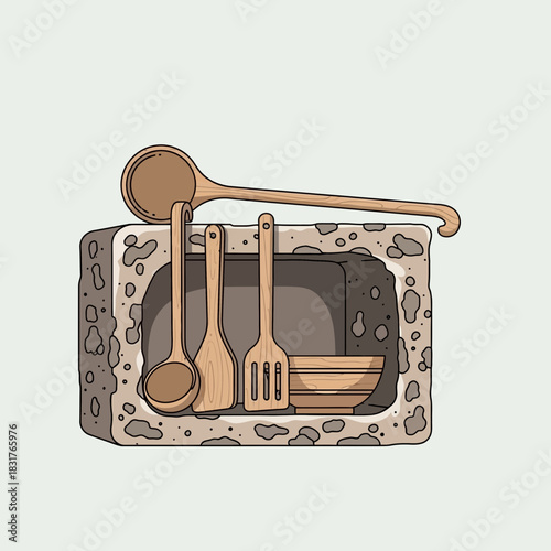 Rustic kitchen utensils in a stone alcove, handcrafted wooden kitchenware