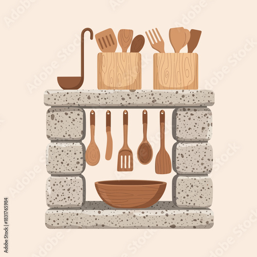 Rustic Kitchen Tools Still Life Arrangement on a Stone Shelf Illustration