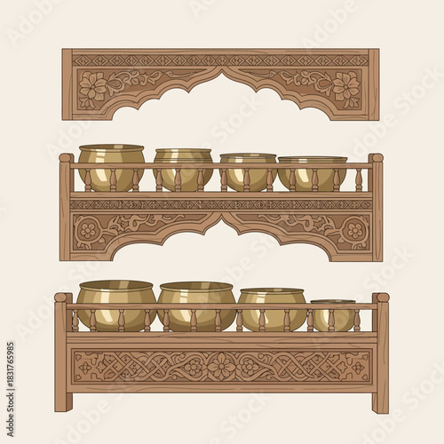 Ornate wooden shelving showcasing vintage metal pots, cultural heritage