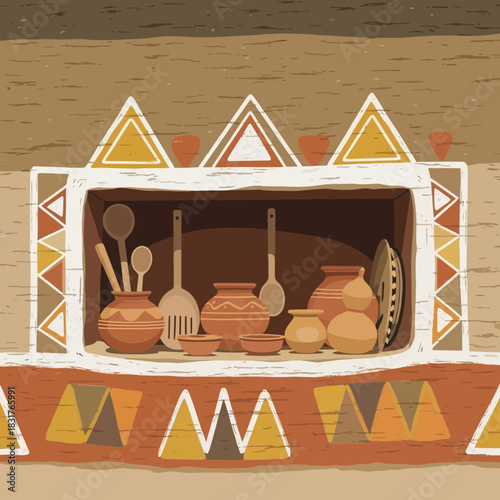 Rustic kitchenware and decor featuring clay pottery and wooden utensils