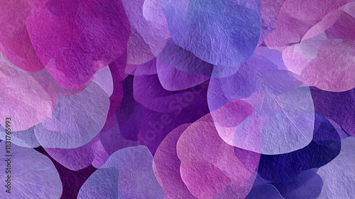 Abstract background composed of overlapping purple and lilac translucent petal shapes creating a soft floral texture and romantic atmosphere.