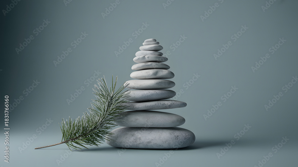Obraz premium Stacked Zen Stones and Pine Branch on Serene Blue Background