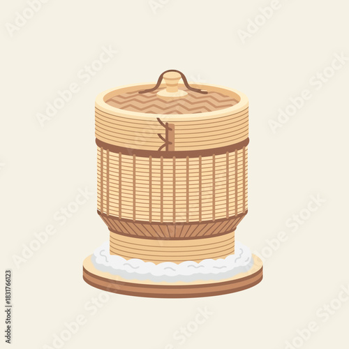 Traditional woven rice steamer illustration, asian kitchenware item isolated