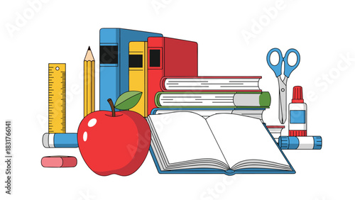 Vibrant back to school essentials including books, apple, scissors, and glue ready for learning and creative projects in the classroom