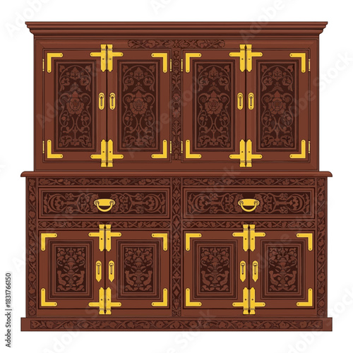 Vintage Brown Wooden Cabinet with Gold Accents and Intricate Floral Carvings