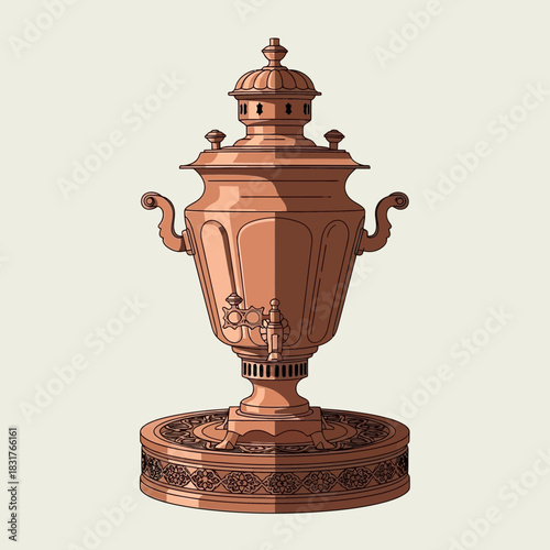 Vintage Copper Samovar Illustration with Intricate Floral Pattern Base