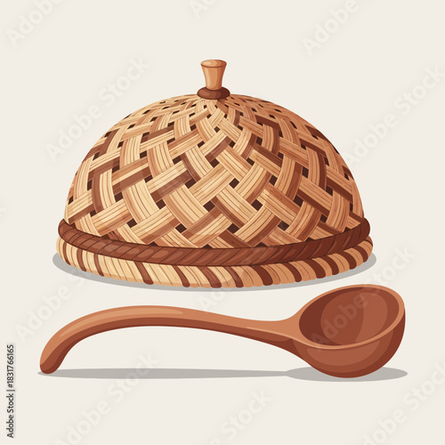 Rustic charm: Woven basket with lid and wooden spoon for culinary use