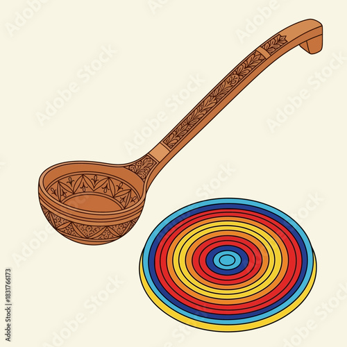 Rustic Charm: Ornate Wooden Ladle with Colorful Circular Coaster Still Life