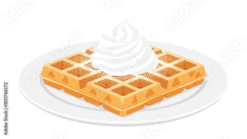 Golden waffle topped with fluffy whipped cream and powdered sugar on a white plate brings joy and sweetness for breakfast or dessert