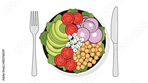 Delicious vegan salad with avocado, tomatoes, chickpeas, onions, and feta cheese, perfect for healthy eating and vibrant lifestyle choices