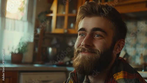 A cheerful young man with a beard is smiling at the camera while sitting on a counter in a well-lit kitchen.