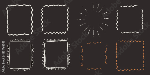 Hand drawn frames and sunburst set on dark background