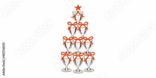 Champagne glass tower christmas tree with red bows and star topper