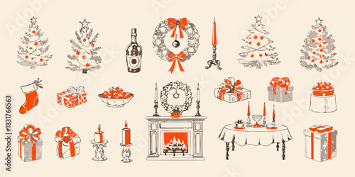 Festive christmas and holiday illustration with trees gifts and fireplace