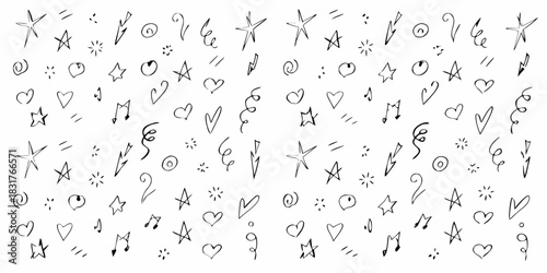 Hand drawn doodle pattern with stars hearts music notes and lightning bolts