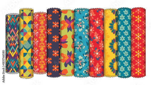 Vibrant collection of floral and geometric patterned textiles perfect for adding a pop of color to any design project or home decor