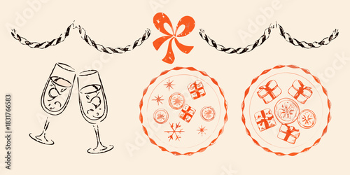 Hand drawn holiday celebration illustration with champagne gifts and decorations