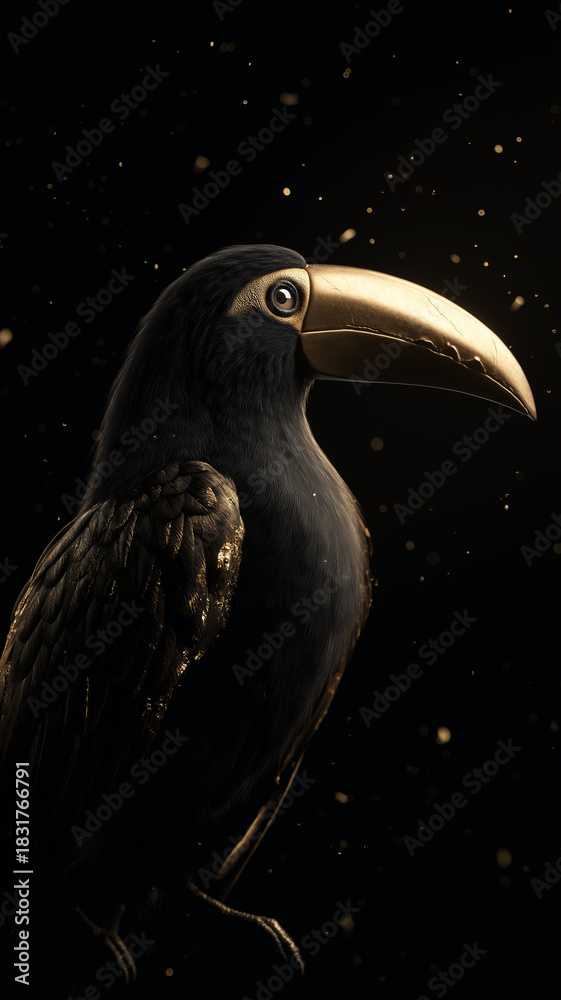 Fototapeta premium Majestic black toucan with golden beak and feathers stands against dark, starry background, exuding elegance and mystery