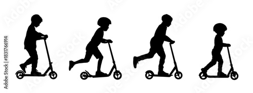 Set of four boy silhouettes riding kick scooters