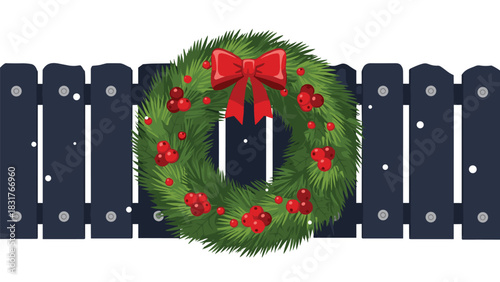 Festive Christmas wreath with red bow and berries adorning a rustic wooden fence, spreading holiday cheer and seasonal warmth