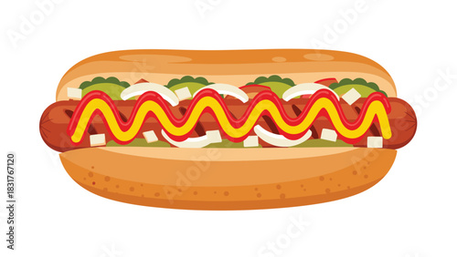 Delicious hot dog with mustard and ketchup zigzags, onions, and relish, perfect for a summer picnic or quick lunch treat